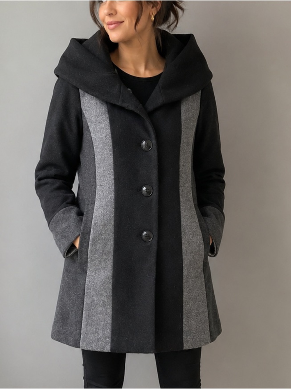 Cleo Petites Wool Blend Colorblock Coat Black Gray Size 14 Petite Hooded